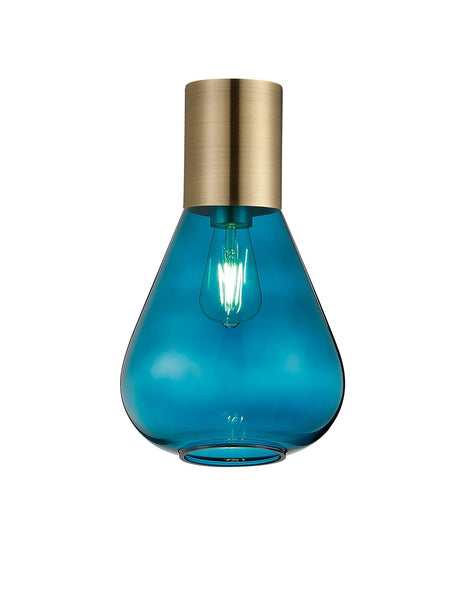 Rowell Ceiling Light With Narrow Glass, 1 x E27, Antique Brass/Teal Blue