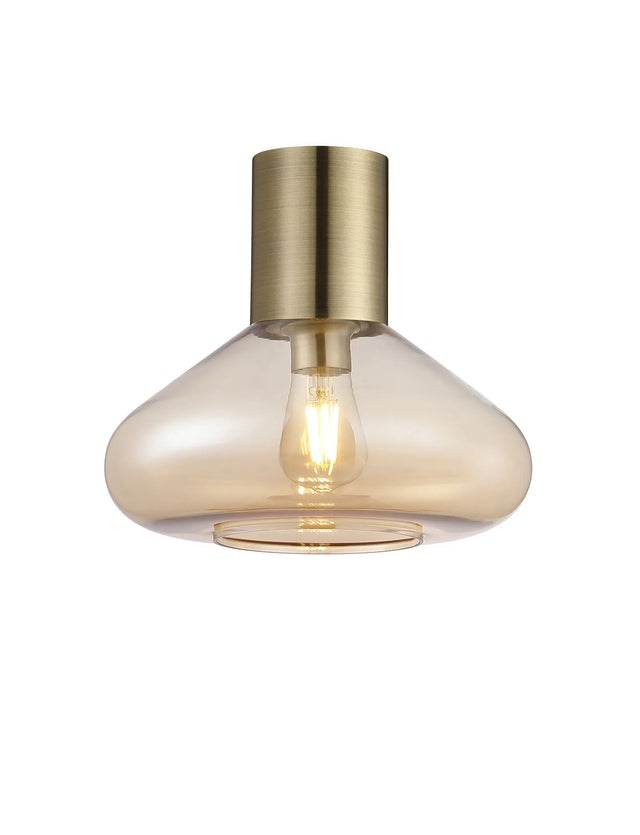 Rowell Ceiling Light With Wide Glass, 1 x E27, Antique Brass/Amber