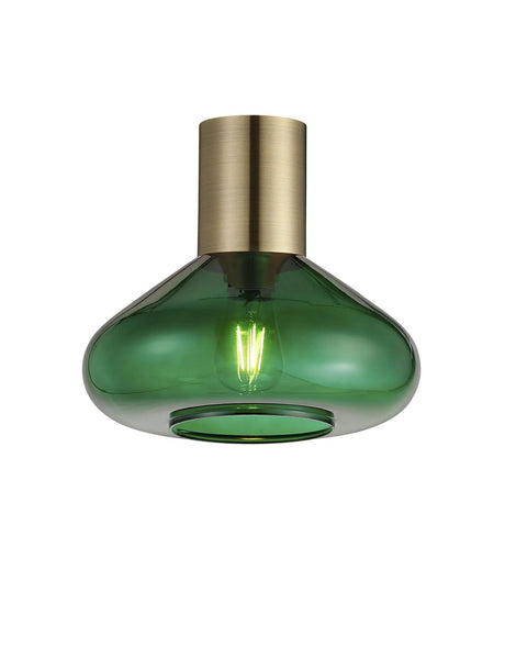 Rowell Ceiling Light With Wide Glass, 1 x E27, Antique Brass/Bottle Green