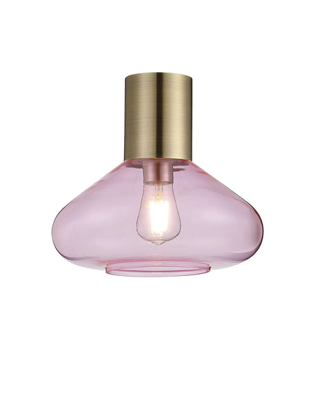 Rowell Ceiling Light With Wide Glass, 1 x E27, Antique Brass/Pink