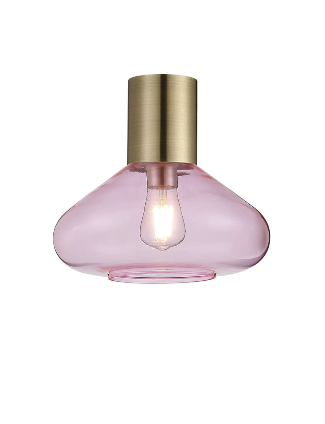 Rowell Ceiling Light With Wide Glass, 1 x E27, Antique Brass/Pink