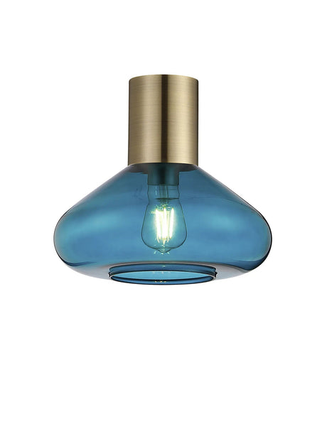 Rowell Ceiling Light With Wide Glass, 1 x E27, Antique Brass/Teal Blue
