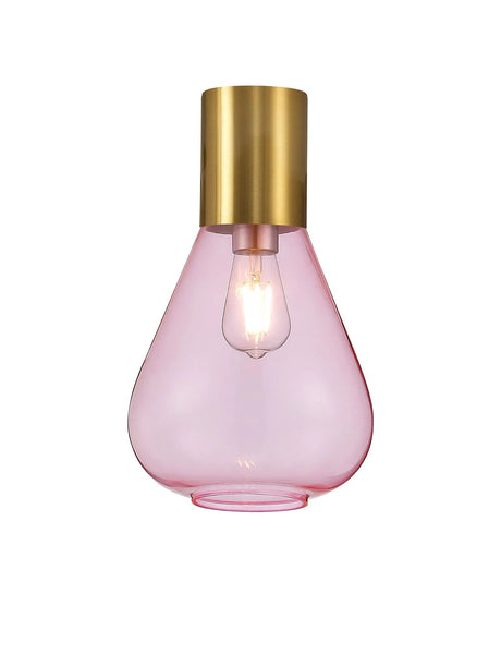 Rowell Ceiling Light With Narrow Glass, 1 x E27, Aged Brass/Pink