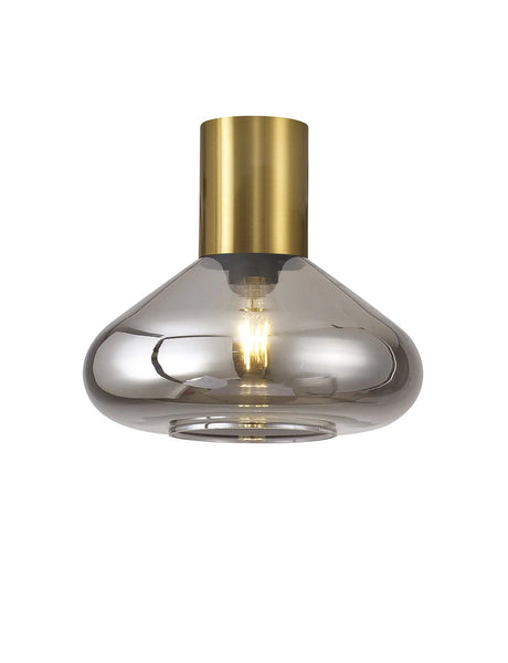 Rowell Ceiling Light With Wide Glass, 1 x E27, Aged Brass/Smoke
