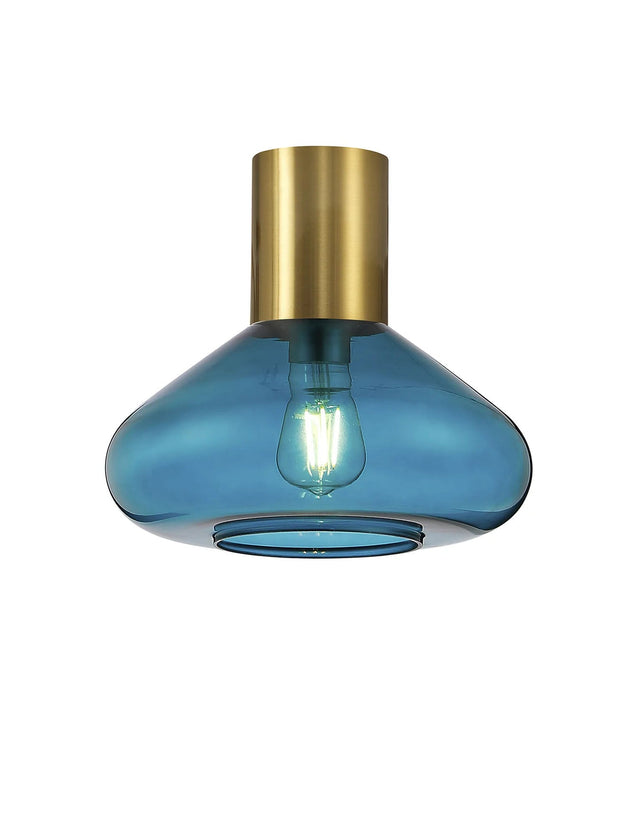 Rowell Ceiling Light With Wide Glass, 1 x E27, Aged Brass/Teal Blue