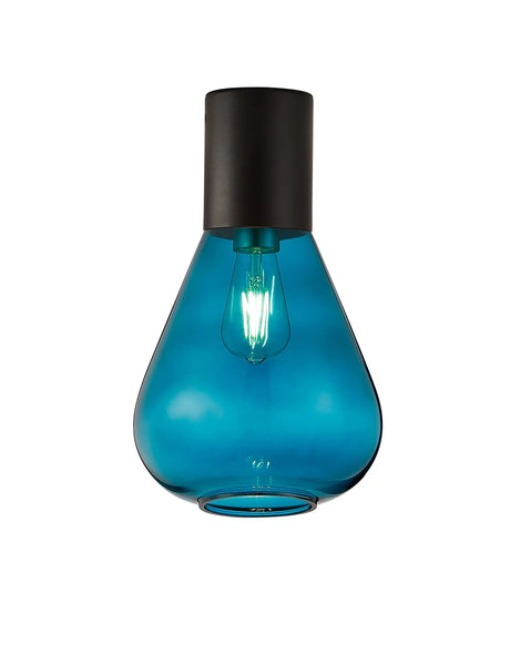 Rowell Ceiling Light With Narrow Glass, 1 x E27, Satin Black/Teal Blue