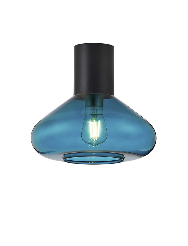 Rowell Ceiling Light With Wide Glass, 1 x E27, Satin Black/Teal Blue