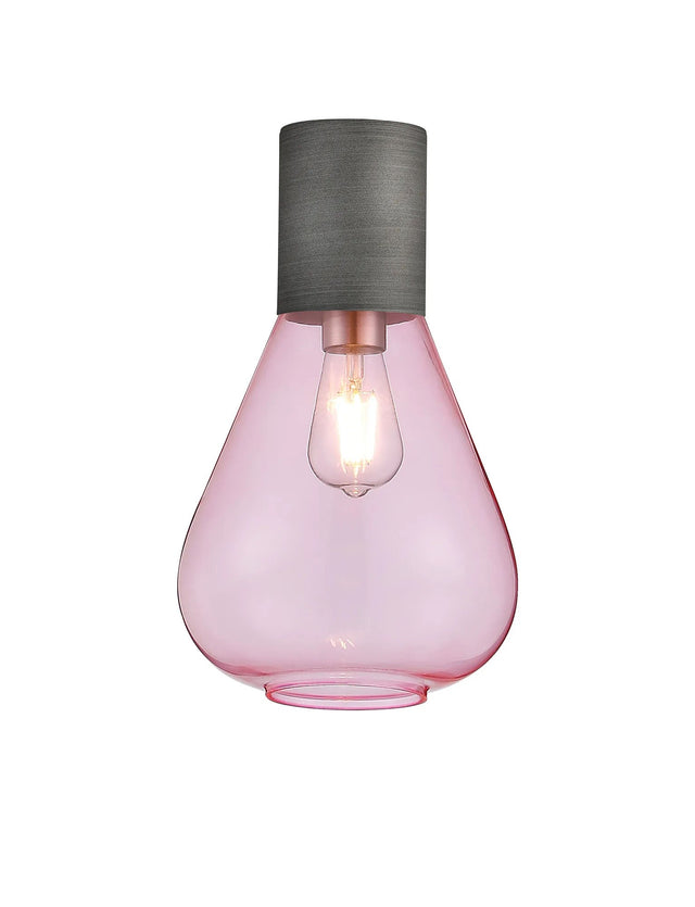 Rowell Ceiling Light With Narrow Glass, 1 x E27, Pewter/Pink