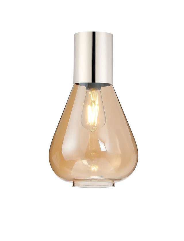 Rowell Ceiling Light With Narrow Glass, 1 x E27, Polished Nickel/Amber