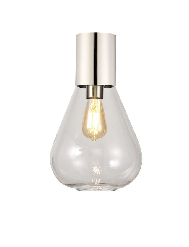 Rowell Ceiling Light With Narrow Glass, 1 x E27, Polished Nickel/Clear