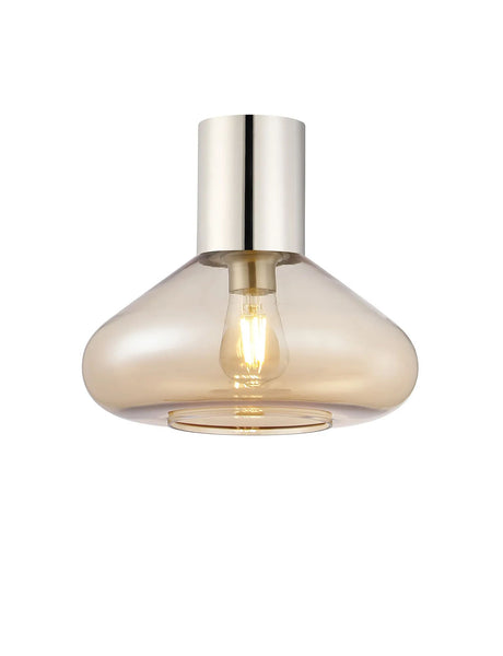 Rowell Ceiling Light With Wide Glass, 1 x E27, Polished Nickel/Amber