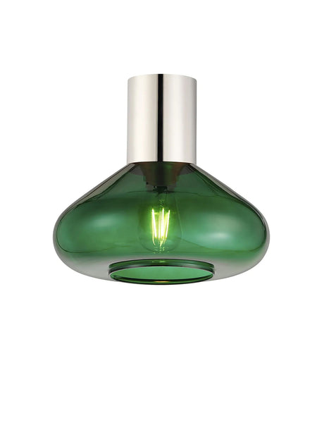 Rowell Ceiling Light With Wide Glass, 1 x E27, Polished Nickel/Bottle Green