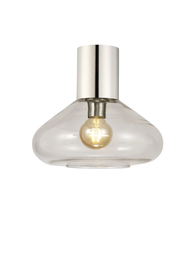 Rowell Ceiling Light With Wide Glass, 1 x E27, Polished Nickel/Clear
