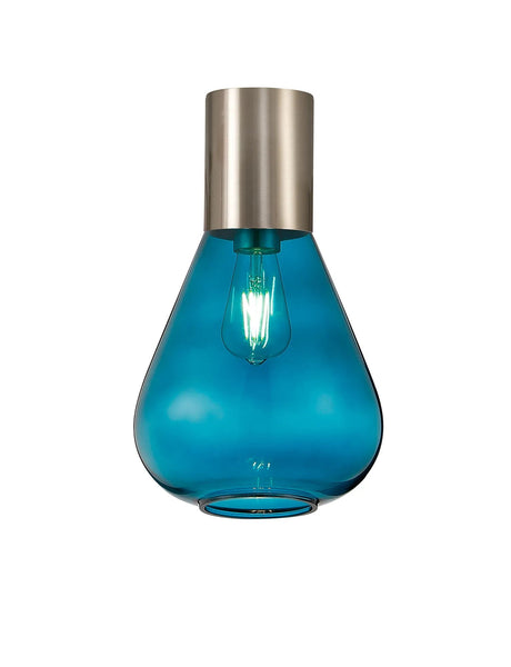 Rowell Ceiling Light With Narrow Glass, 1 x E27, Satin Nickel/Teal Blue