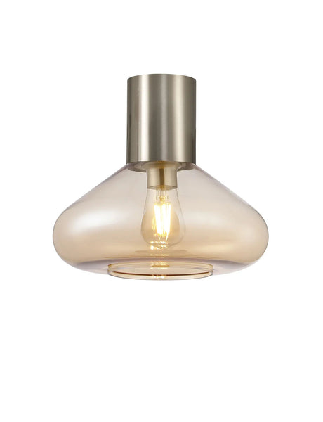 Rowell Ceiling Light With Wide Glass, 1 x E27, Satin Nickel/Amber