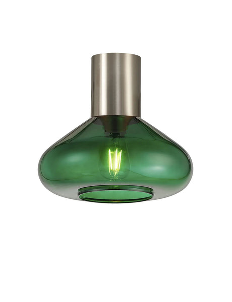 Rowell Ceiling Light With Wide Glass, 1 x E27, Satin Nickel/Bottle Green
