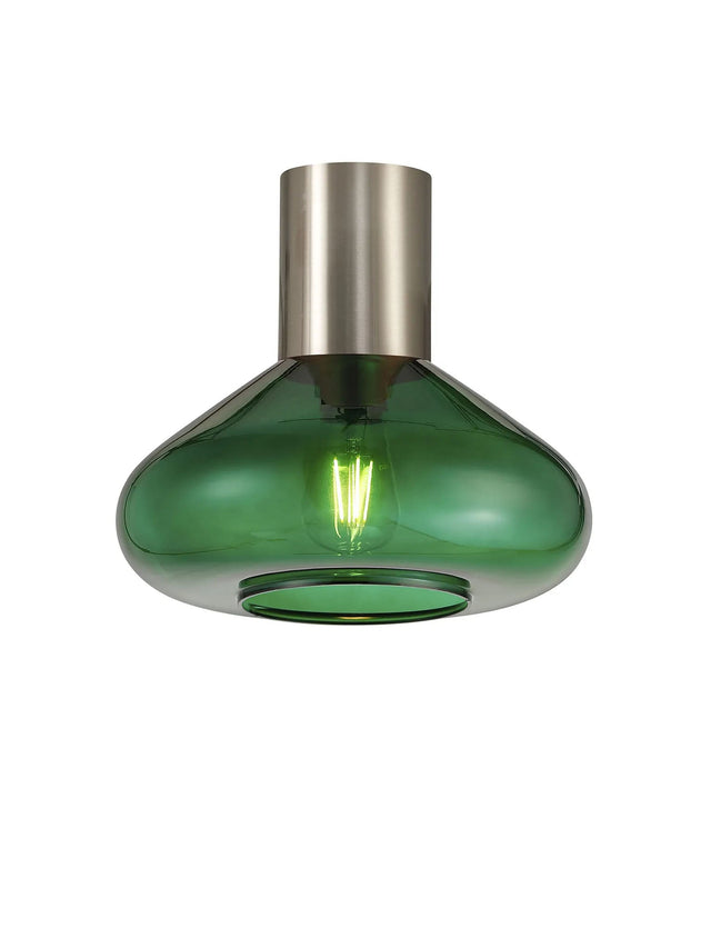 Rowell Ceiling Light With Wide Glass, 1 x E27, Satin Nickel/Bottle Green