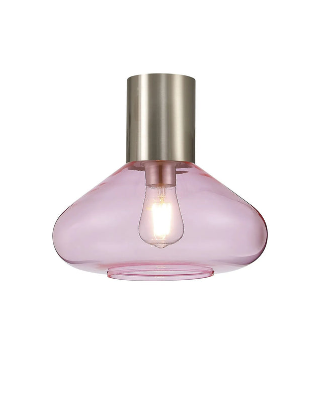 Rowell Ceiling Light With Wide Glass, 1 x E27, Satin Nickel/Pink