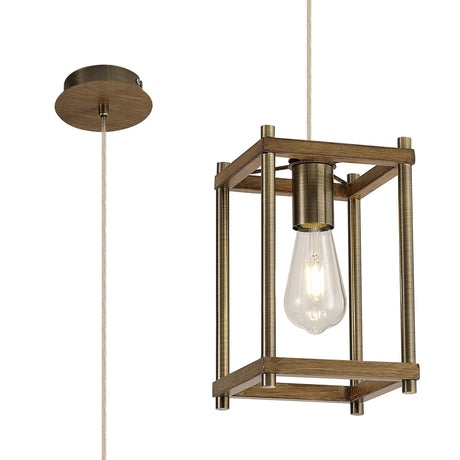 Saddington Pendant, 1 x E27, Medium Oak/Antique Brass