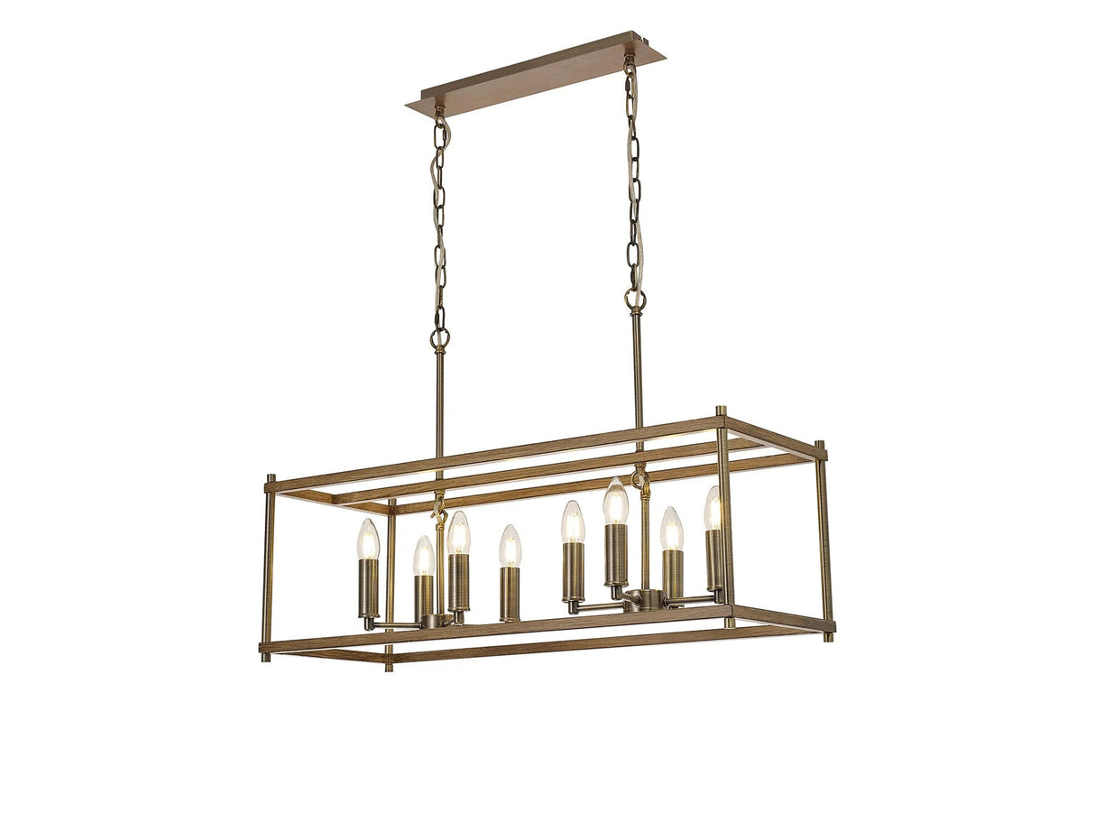 Saddington Linear Pendant, 8 x E14, Medium Oak/Antique Brass