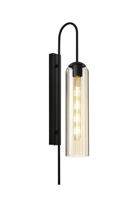 Samed 70cm Curved Wall Light, 1 Light E27, Satin Black / Cognac