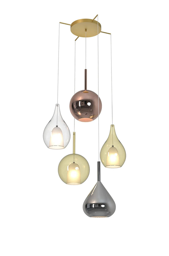 Sanson Pendant Mixed Shades, 5 x E27, Multicoloured Glass, Gold Frame