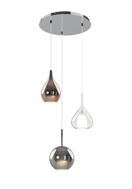 Sanson Round Pendant With Mixed Glass Shades, 3 Light E27, Chrome/Copper & Frosted Inner/Chrome & Frosted Inner/Clear & Frosted Inner