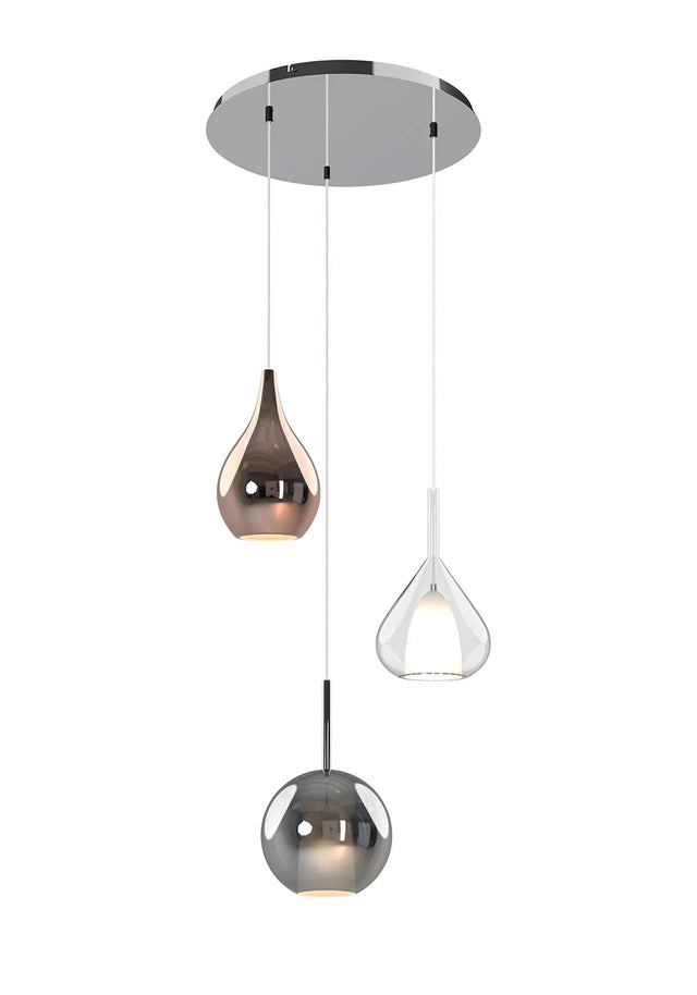 Sanson Round Pendant With Mixed Glass Shades, 3 Light E27, Chrome/Copper & Frosted Inner/Chrome & Frosted Inner/Clear & Frosted Inner