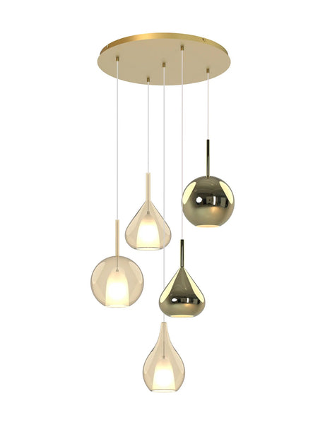 Sanson Round Pendant With Mixed Glass Shades, 5 Light E27, Gold/Cognac & Frosted Inner/Gold & Frosted Inner