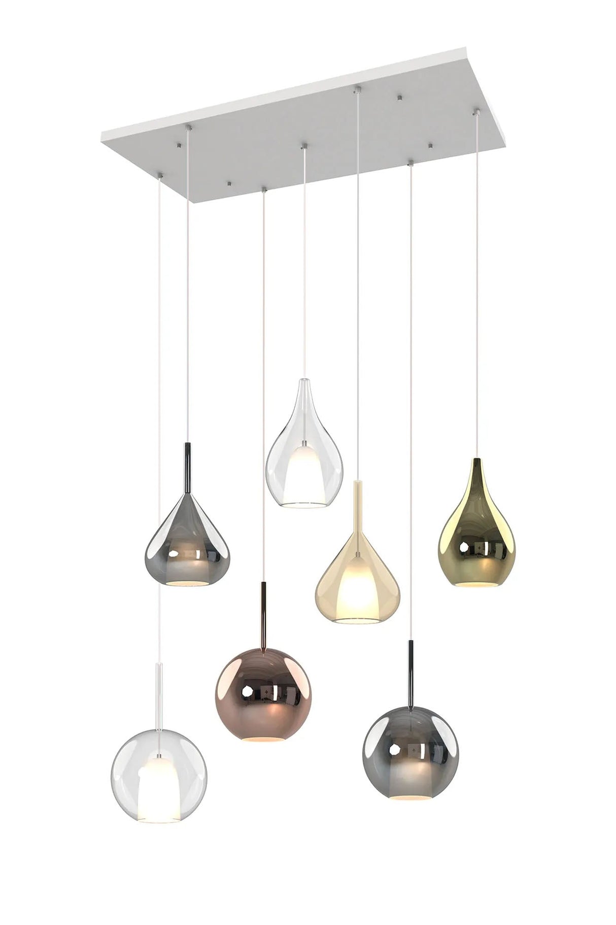 Sanson Rectangular Pendant With Mixed Glass Shades, 7 Light E27, White/Clear/Chrome/Copper/Cognac All With Frosted Inner
