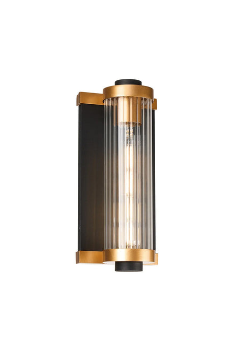 SETH Wall Light, 1 Light E27, IP54, Black/Gold/Clear Ribbed Glass Shade