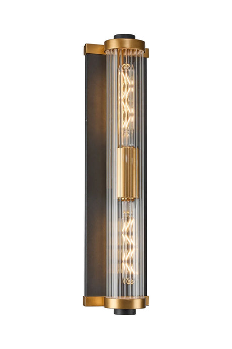 SETH Wall Light, 2 Light E27, IP54, Black/Gold/Clear Ribbed Glass Shade