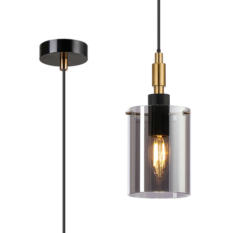 Shilton 1.5m Single Pendant 1 Light IP44 Cylinder Glass  Black/Brass Gold/Smoke