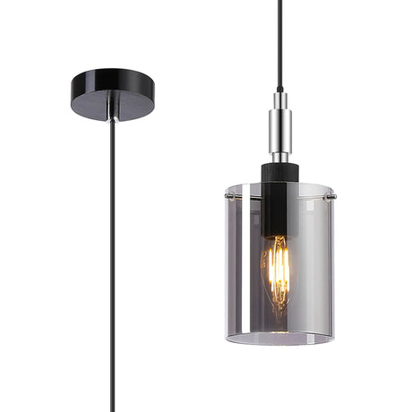 Shilton 1.5m Single Pendant 1 Light IP44 Cylinder Glass Black/Polished Chrome/Smoke