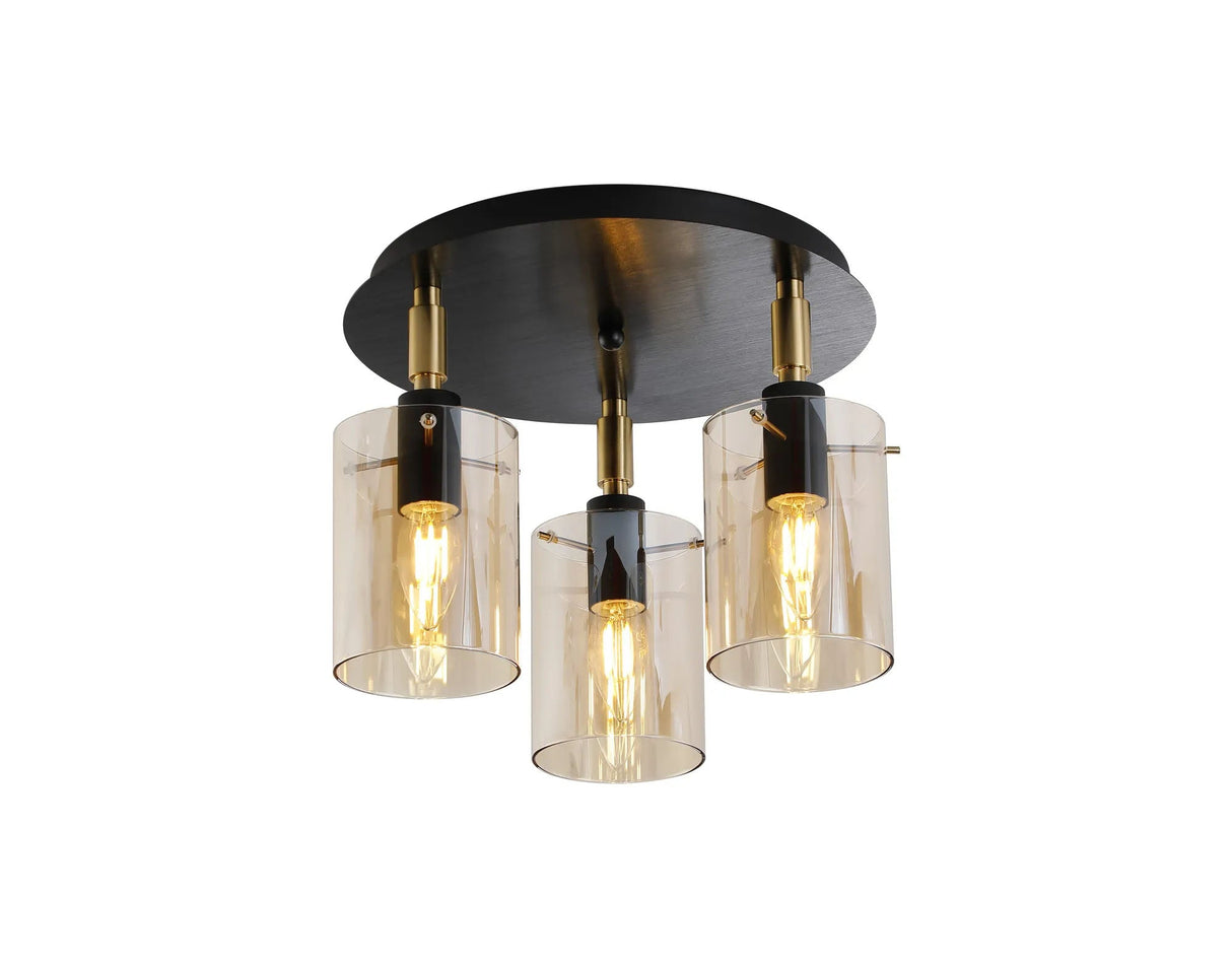 Shilton Round Semi Ceiling 3 Light IP44 Cylinder Glass Black/Brass Gold/Amber