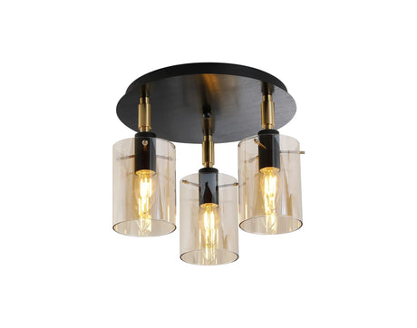 Shilton Round Semi Ceiling 3 Light IP44 Cylinder Glass Black/Brass Gold/Amber