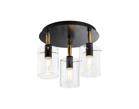 Shilton Round Semi Ceiling 3 Light IP44 Cylinder Glass Black/Brass Gold/Clear
