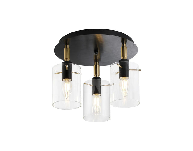 Shilton Round Semi Ceiling 3 Light IP44 Cylinder Glass Black/Brass Gold/Clear
