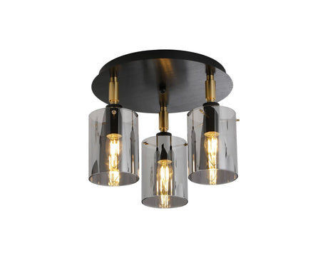 Shilton Round Semi Ceiling 3 Light IP44 Cylinder Glass  Black/Brass Gold/Smoke
