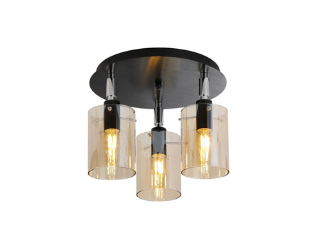 Shilton Round Semi Ceiling 3 Light IP44 Black Polished Chrome Cylinder Glass
