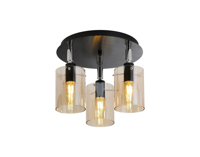 Shilton Round Semi Ceiling 3 Light IP44 Black Polished Chrome Cylinder Glass