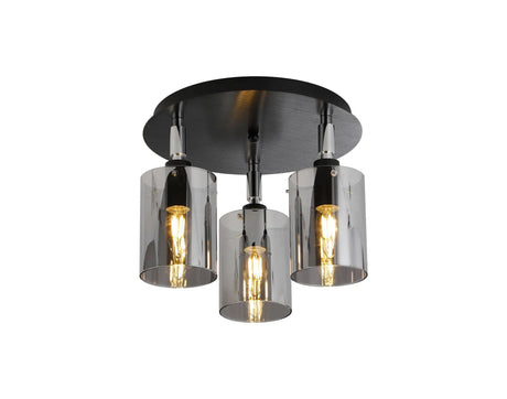 Shilton Round Semi Ceiling 3 Light IP44 Cylinder Glass Black/Polished Chrome/Smoke