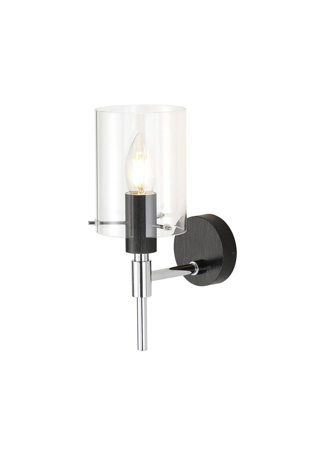 Shilton Wall Lamp 1 Light IP44 Cylinder Glass Black/Polished Chrome/Clear