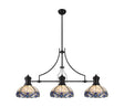 Siddall 3 Light Linear Pendant E27 With 30cm Tiffany Shade, Matt Black, Blue, Clear Crystal