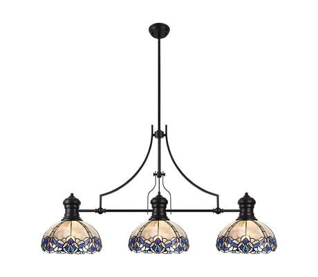 Siddall 3 Light Linear Pendant E27 With 30cm Tiffany Shade, Matt Black, Blue, Clear Crystal