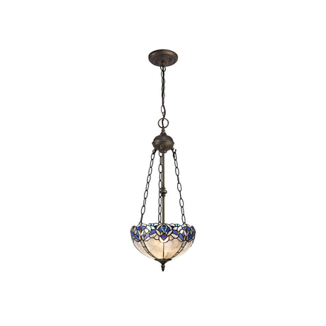 Siddall 2 Light Uplighter Pendant E27 With 30cm Tiffany Shade, Blue/Clear Crystal/Aged Antique Brass