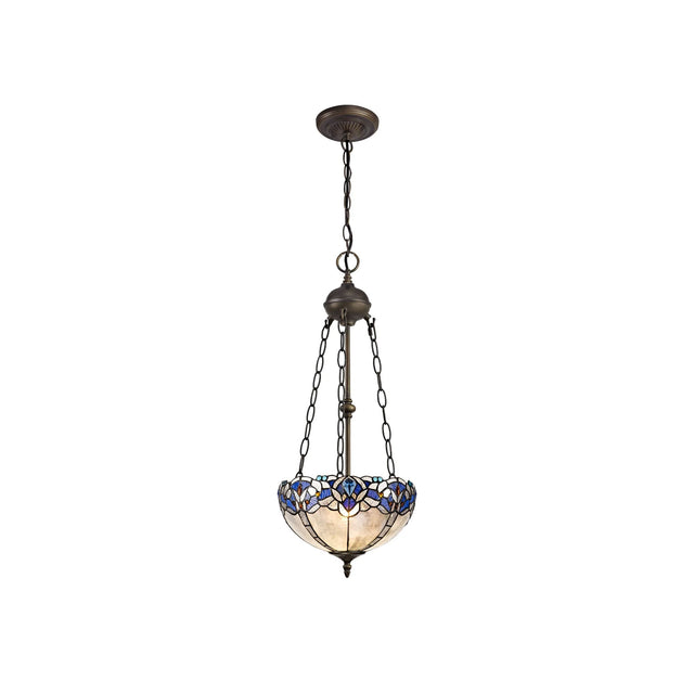 Siddall 2 Light Uplighter Pendant E27 With 30cm Tiffany Shade, Blue/Clear Crystal/Aged Antique Brass