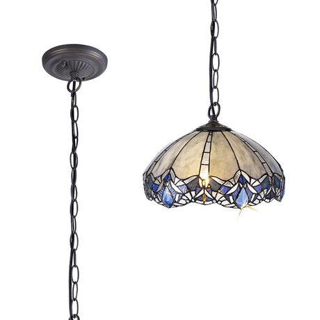 Siddall 1 Light Downlight Pendant E27 With 40cm Tiffany Shade, Blue/Clear Crystal/Aged Antique Brass
