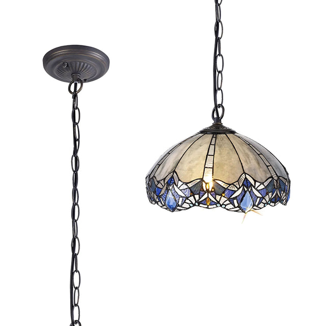 Siddall 1 Light Downlight Pendant E27 With 40cm Tiffany Shade, Blue/Clear Crystal/Aged Antique Brass
