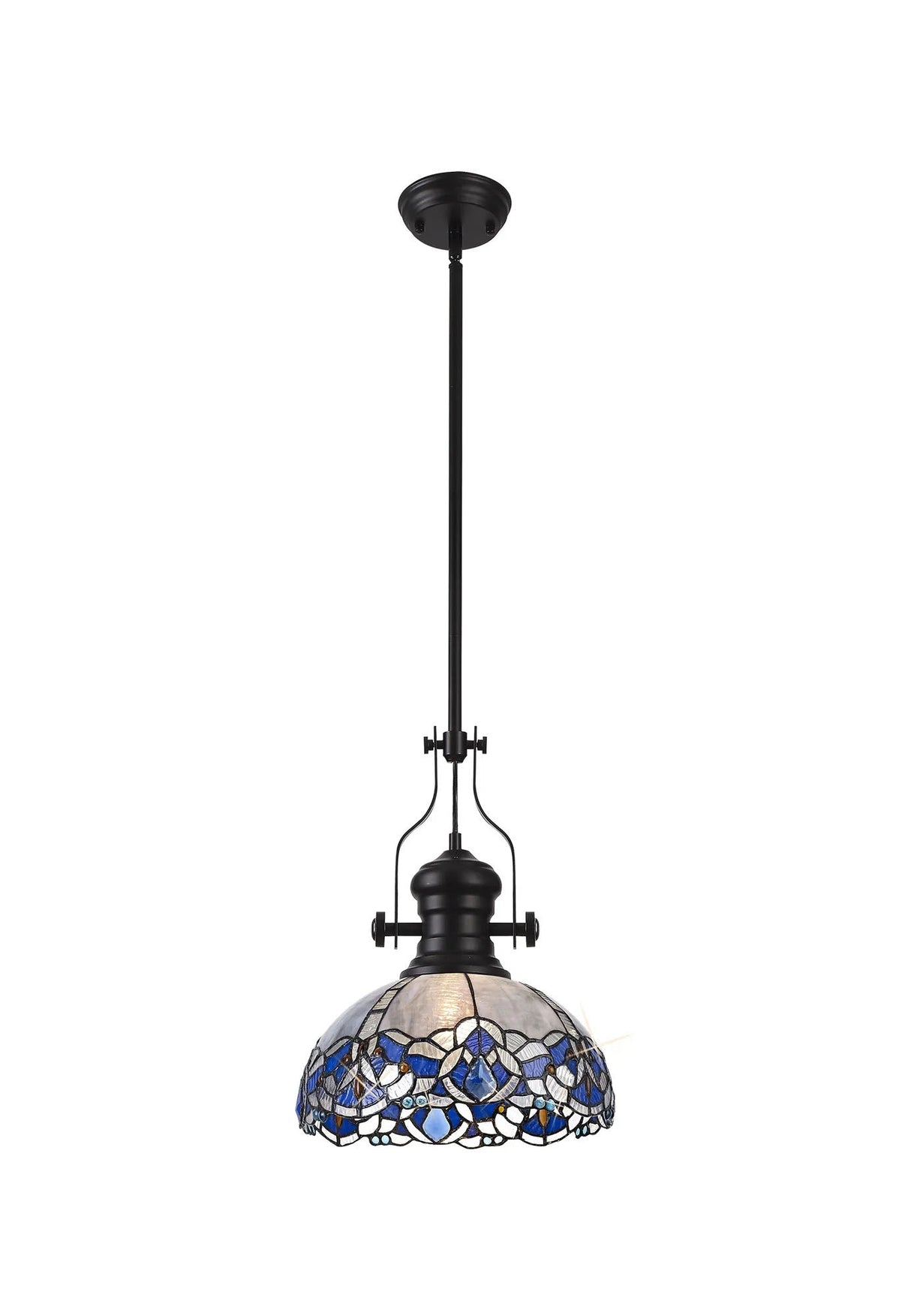 Siddall 1 Light Pendant E27 With 30cm Tiffany Shade, Matt Black/Blue/Clear Crystal